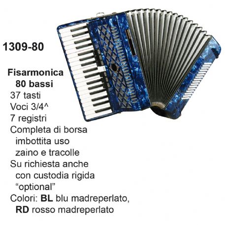 FISARMONICA 80 BASSI DAM 130980RD, 37 TASTI VOCI, 3/4 CON ZAINO E TRACOLLE, Col. Rosso Madreperlato